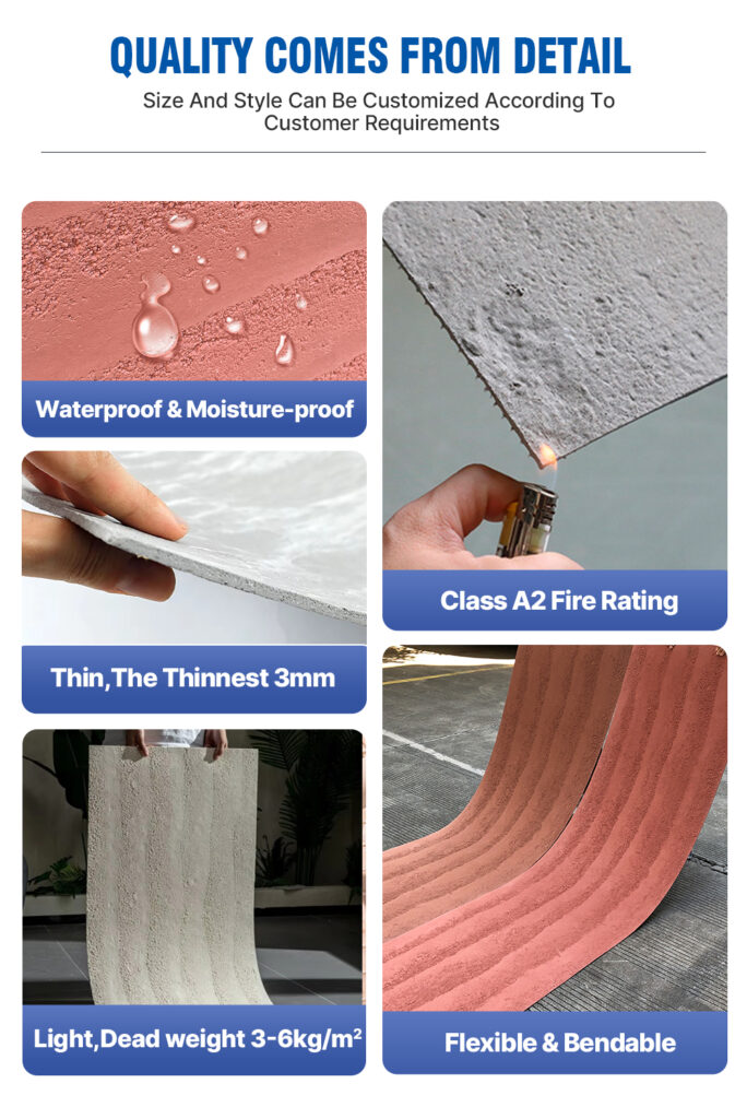 Flexible Stone Series – Skin Feeling Series offers a delicate, soft-touch surface inspired by natural stone. Lightweight, waterproof, and fire-resistant, it can be applied to flat or curved surfaces, creating a refined and comfortable atmosphere for both interior and exterior spaces.插图2