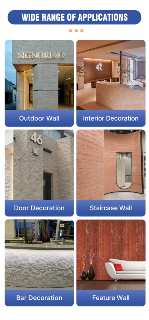 Flexible Stone Series – Skin Feeling Series offers a delicate, soft-touch surface inspired by natural stone. Lightweight, waterproof, and fire-resistant, it can be applied to flat or curved surfaces, creating a refined and comfortable atmosphere for both interior and exterior spaces.插图5